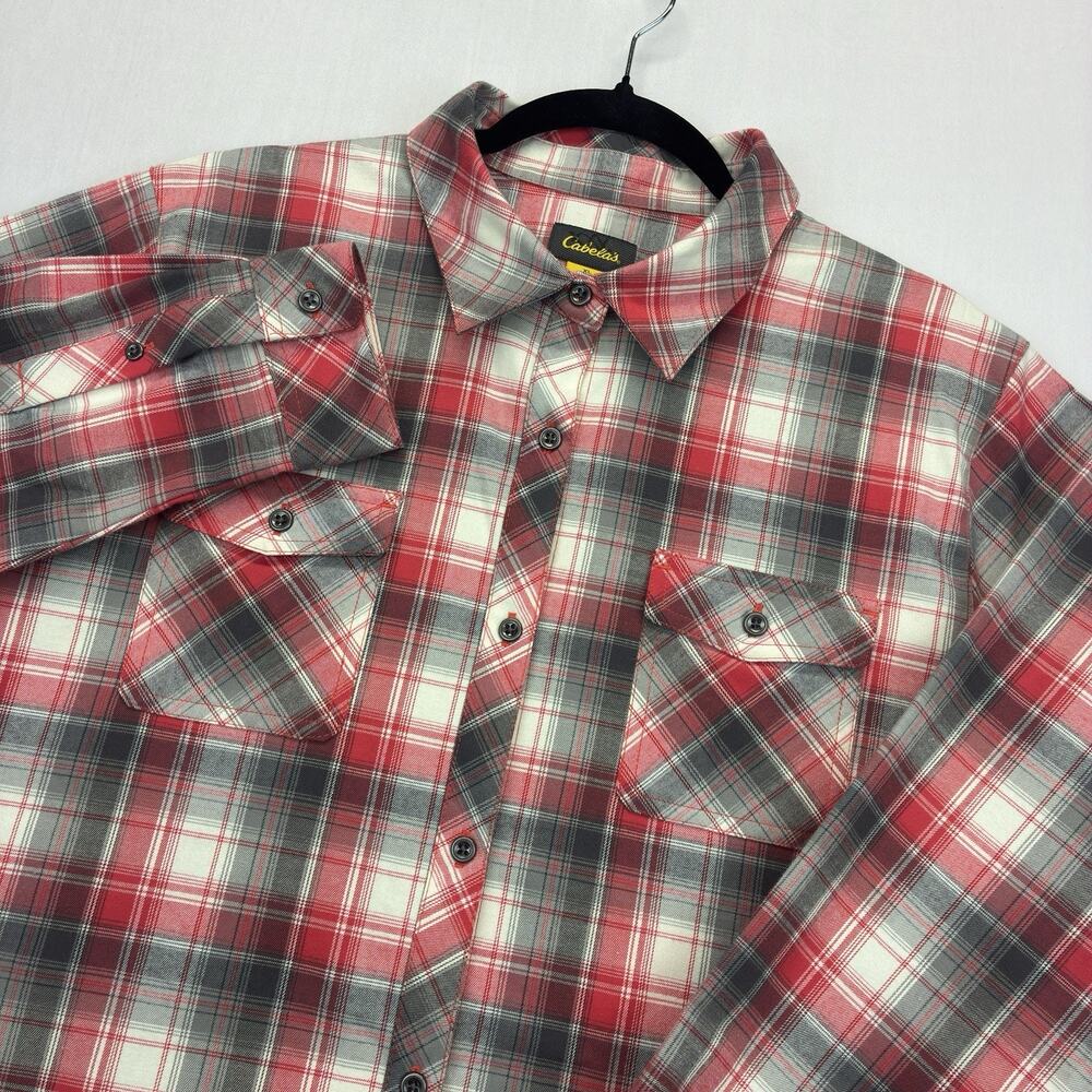Cabela’s Women’s XL Plaid Flannel Shirt Red Gray Stretch Roll Tab Outdoors